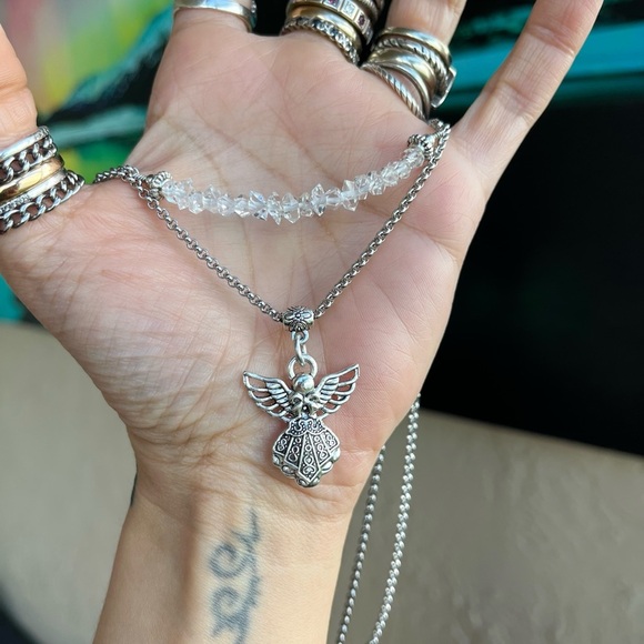 Genuine herkimer diamonds crystal double layer stainless steel angel necklace - Picture 5 of 13